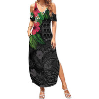 Hawaiian Tropical Plants Summer Maxi Dress Kakau Tattoo and Polynesian Pattern Half Black Color LT03 Women Black - Polynesian Pride
