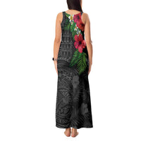 Hawaiian Tropical Plants Tank Maxi Dress Kakau Tattoo and Polynesian Pattern Half Black Color