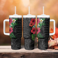 Hawaiian Tropical Plants Tumbler With Handle Kakau Tattoo and Polynesian Pattern Half Black Color