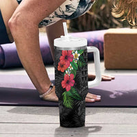 Hawaiian Tropical Plants Tumbler With Handle Kakau Tattoo and Polynesian Pattern Half Black Color