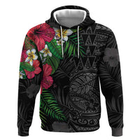 Hawaiian Tropical Plants Zip Hoodie Kakau Tattoo and Polynesian Pattern Half Black Color LT03 Pullover Hoodie Black - Polynesian Pride