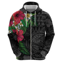 Hawaiian Tropical Plants Zip Hoodie Kakau Tattoo and Polynesian Pattern Half Black Color LT03 - Polynesian Pride