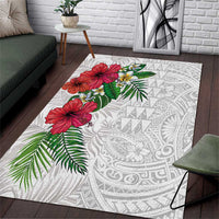 Hawaiian Tropical Plants Area Rug Kakau Tattoo and Polynesian Pattern Half White Color
