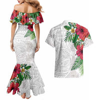 Hawaiian Tropical Plants Couples Matching Mermaid Dress and Hawaiian Shirt Kakau Tattoo and Polynesian Pattern Half White Color