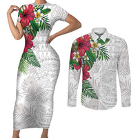 Hawaiian Tropical Plants Couples Matching Short Sleeve Bodycon Dress and Long Sleeve Button Shirt Kakau Tattoo and Polynesian Pattern Half White Color