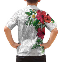 Hawaiian Tropical Plants Family Matching Off The Shoulder Long Sleeve Dress and Hawaiian Shirt Kakau Tattoo and Polynesian Pattern Half White Color LT03 - Polynesian Pride