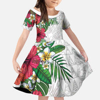 Hawaiian Tropical Plants Family Matching Off The Shoulder Long Sleeve Dress and Hawaiian Shirt Kakau Tattoo and Polynesian Pattern Half White Color LT03 Daughter's Dress White - Polynesian Pride