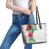Hawaiian Tropical Plants Leather Tote Bag Kakau Tattoo and Polynesian Pattern Half White Color LT03 - Polynesian Pride