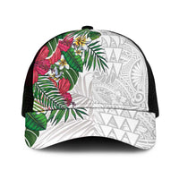 Hawaiian Tropical Plants Mesh Trucker Cap Kakau Tattoo and Polynesian Pattern Half Black White