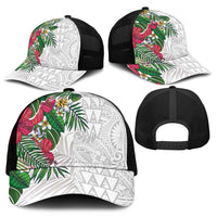 Hawaiian Tropical Plants Mesh Trucker Cap Kakau Tattoo and Polynesian Pattern Half Black White