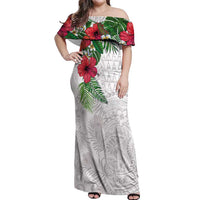 Hawaiian Tropical Plants Off Shoulder Maxi Dress Kakau Tattoo and Polynesian Pattern Half White Color