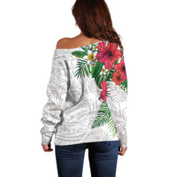 Hawaiian Tropical Plants Off Shoulder Sweater Kakau Tattoo and Polynesian Pattern Half White Color
