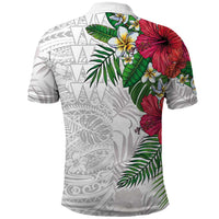 Hawaiian Tropical Plants Polo Shirt Kakau Tattoo and Polynesian Pattern Half White Color