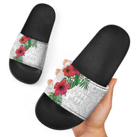 Hawaiian Tropical Plants Slide Sandals Kakau Tattoo and Polynesian Pattern Half White Color