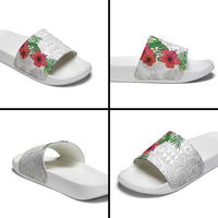 Hawaiian Tropical Plants Slide Sandals Kakau Tattoo and Polynesian Pattern Half White Color