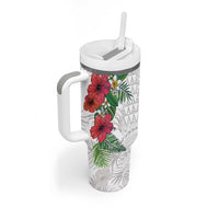 Hawaiian Tropical Plants Tumbler With Handle Kakau Tattoo and Polynesian Pattern Half White Color