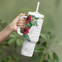 Hawaiian Tropical Plants Tumbler With Handle Kakau Tattoo and Polynesian Pattern Half White Color