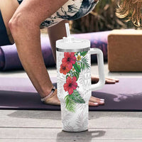 Hawaiian Tropical Plants Tumbler With Handle Kakau Tattoo and Polynesian Pattern Half White Color