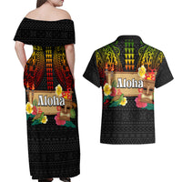 Hawaii Pan-Pacific Festival Couples Matching Off Shoulder Maxi Dress and Hawaiian Shirt Hawaiian Elements and Polynesian Tattoo