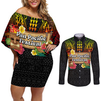 Hawaii Pan-Pacific Festival Couples Matching Off Shoulder Short Dress and Long Sleeve Button Shirt Hawaiian Elements and Polynesian Tattoo