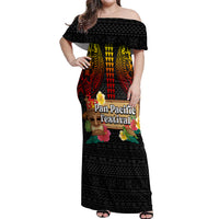 Hawaii Pan-Pacific Festival Off Shoulder Maxi Dress Hawaiian Elements and Polynesian Tattoo
