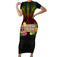 Hawaiian Elements and Polynesian Tattoo Short Sleeve Bodycon Dress LT03 Long Dress Black - Polynesian Pride