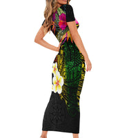 Hawaii Plumeria Family Matching Short Sleeve Bodycon Dress and Hawaiian Shirt Polynesian Tattoo and Hibiscus