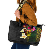 Hawaii Plumeria Leather Tote Bag Polynesian Tattoo and Hibiscus LT03 Black - Polynesian Pride