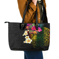 Hawaii Plumeria Leather Tote Bag Polynesian Tattoo and Hibiscus LT03 - Polynesian Pride