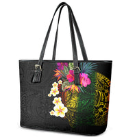 Hawaii Plumeria Leather Tote Bag Polynesian Tattoo and Hibiscus LT03 - Polynesian Pride