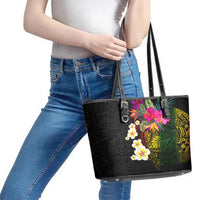 Hawaii Plumeria Leather Tote Bag Polynesian Tattoo and Hibiscus LT03 - Polynesian Pride
