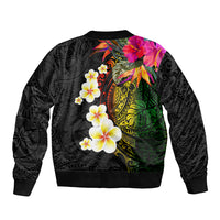 Hawaii Plumeria Sleeve Zip Bomber Jacket Polynesian Tattoo and Hibiscus