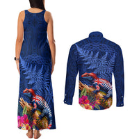 New Zealand Tuatara Couples Matching Tank Maxi Dress and Long Sleeve Button Shirt Silver Fern Hibiscus and Tribal Maori Pattern Blue Color