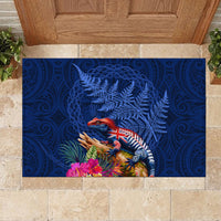 New Zealand Tuatara Rubber Doormat Silver Fern Hibiscus and Tribal Maori Pattern Blue Color