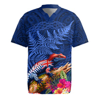 New Zealand Tuatara Rugby Jersey Silver Fern Hibiscus and Tribal Maori Pattern Blue Color LT03 Blue - Polynesian Pride