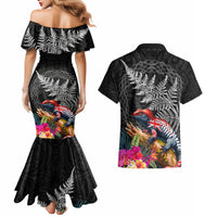 New Zealand Tuatara Couples Matching Mermaid Dress and Hawaiian Shirt Silver Fern Hibiscus and Tribal Maori Pattern Black Color