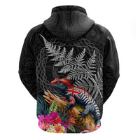 New Zealand Tuatara Hoodie Silver Fern Hibiscus and Tribal Maori Pattern Black Color