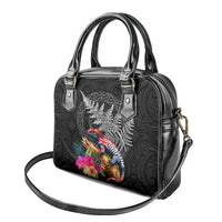 New Zealand Tuatara Shoulder Handbag Silver Fern Hibiscus and Tribal Maori Pattern Black Color