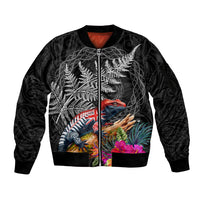 New Zealand Tuatara Sleeve Zip Bomber Jacket Silver Fern Hibiscus and Tribal Maori Pattern Black Color