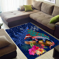 New Zealand Tuatara Christmas Area Rug Silver Fern and Xmas Pohutukawa Tree Blue Color