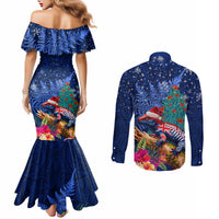New Zealand Tuatara Christmas Couples Matching Mermaid Dress and Long Sleeve Button Shirt Silver Fern and Xmas Pohutukawa Tree Blue Color
