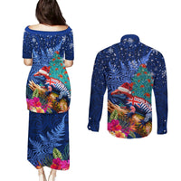 New Zealand Tuatara Christmas Couples Matching Puletasi and Long Sleeve Button Shirt Silver Fern and Xmas Pohutukawa Tree Blue Color