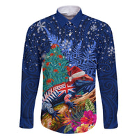 New Zealand Tuatara Christmas Family Matching Mermaid Dress and Hawaiian Shirt Silver Fern and Xmas Pohutukawa Tree Blue Color