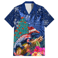 New Zealand Tuatara Christmas Family Matching Summer Maxi Dress and Hawaiian Shirt Silver Fern and Xmas Pohutukawa Tree Blue Color