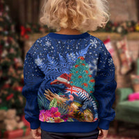 New Zealand Tuatara Christmas Kid Ugly Christmas Sweater Silver Fern and Xmas Pohutukawa Tree Blue Color