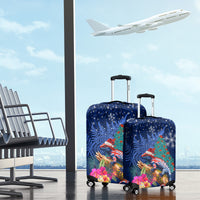 New Zealand Tuatara Christmas Luggage Cover Silver Fern and Xmas Pohutukawa Tree Blue Color