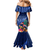 New Zealand Tuatara Christmas Mermaid Dress Silver Fern and Xmas Pohutukawa Tree Blue Color