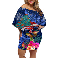 New Zealand Tuatara Christmas Off Shoulder Short Dress Silver Fern and Xmas Pohutukawa Tree Blue Color LT03 Women Blue - Polynesian Pride