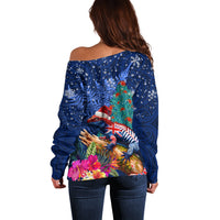 New Zealand Tuatara Christmas Off Shoulder Sweater Silver Fern and Xmas Pohutukawa Tree Blue Color