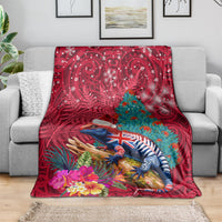 New Zealand Tuatara Christmas Blanket Silver Fern and Xmas Pohutukawa Tree Red Color